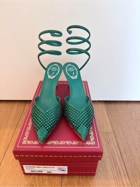 Rene Caovilla Green Crystal Spiral-Ankle Pointed Mules